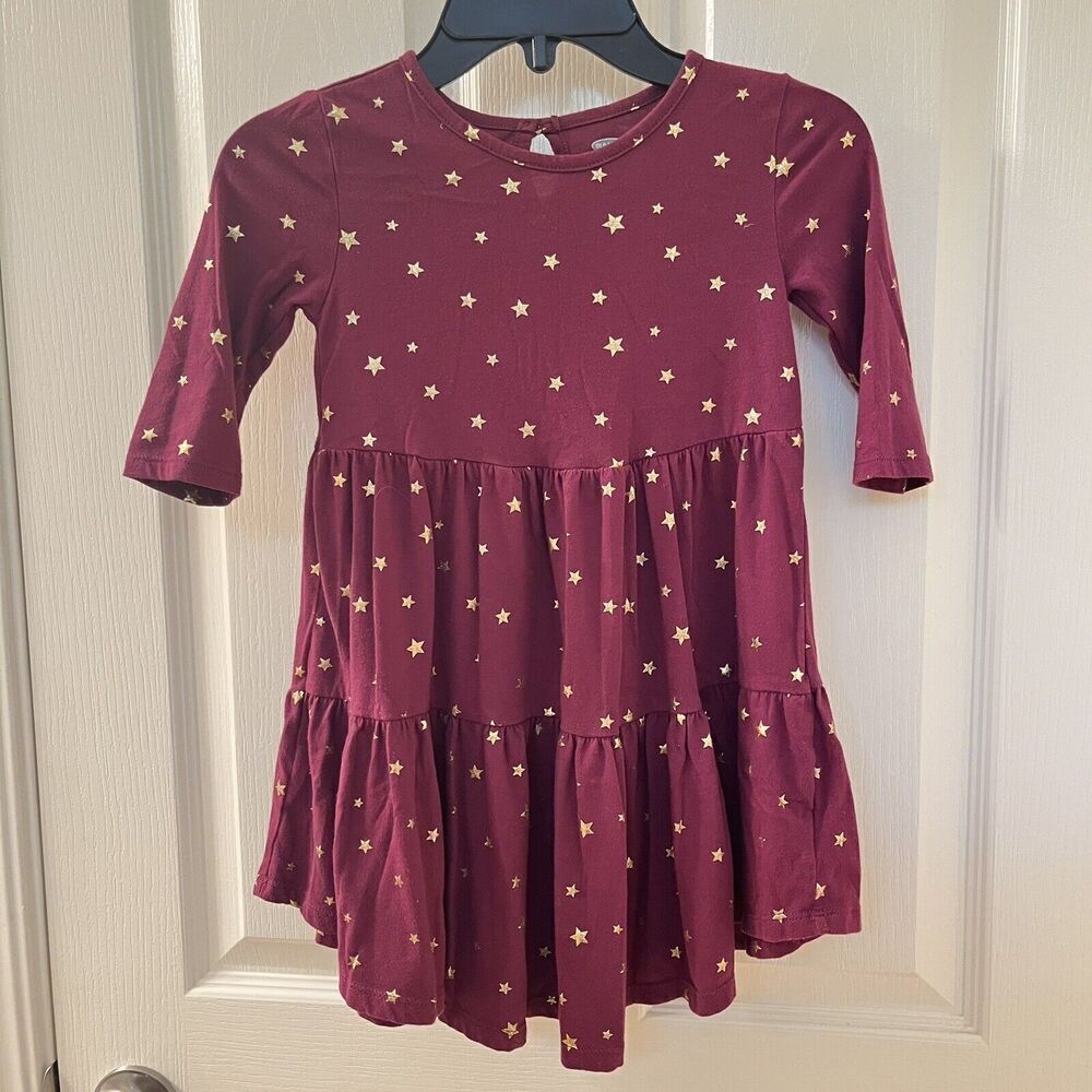 Old Navy Wine Gold Stars Tiered Dress 3/4 Sleeve Girls Size 4T